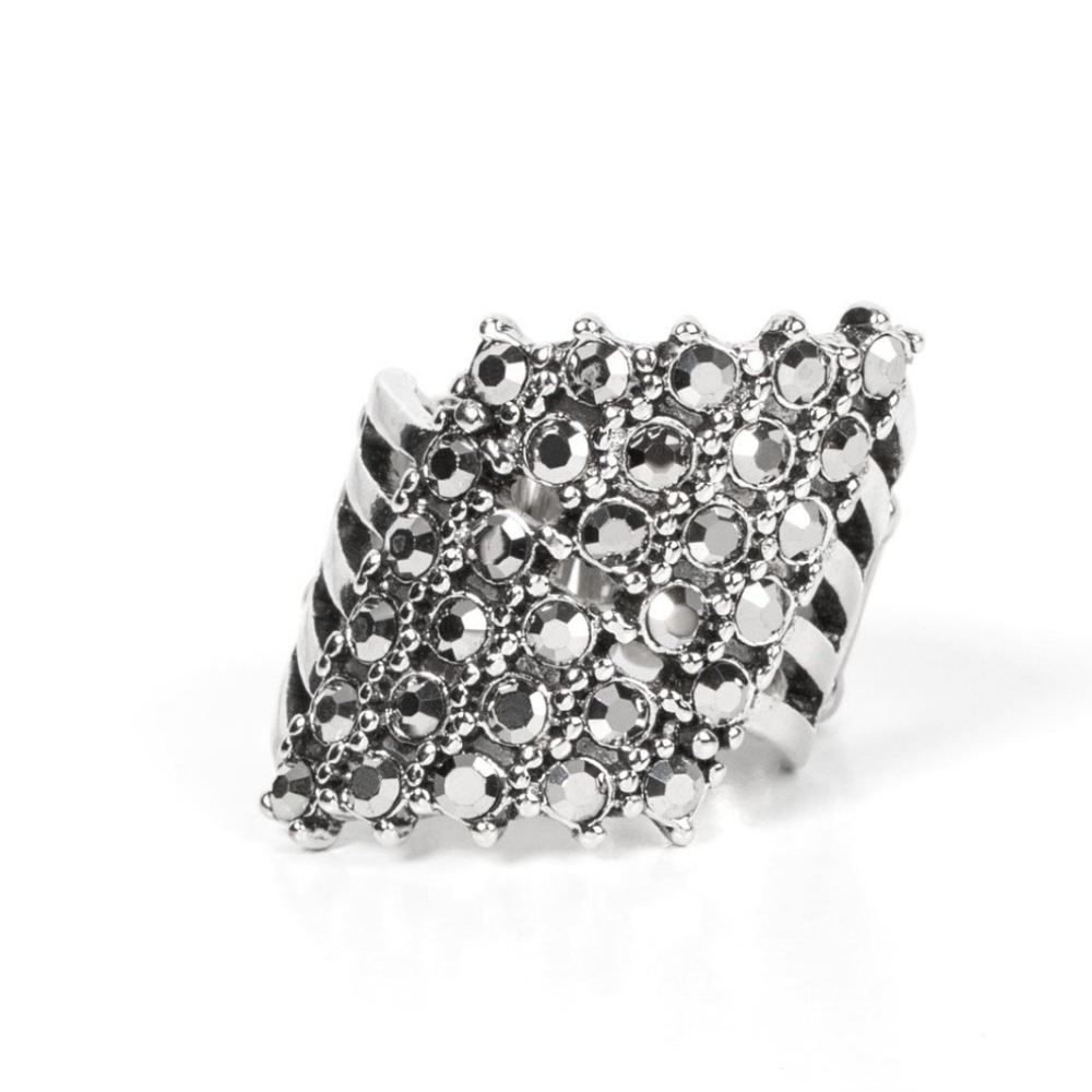 Slanted Smolder Paparazzi Silver-Tone Crystal Mesh Statement Ring Fashion